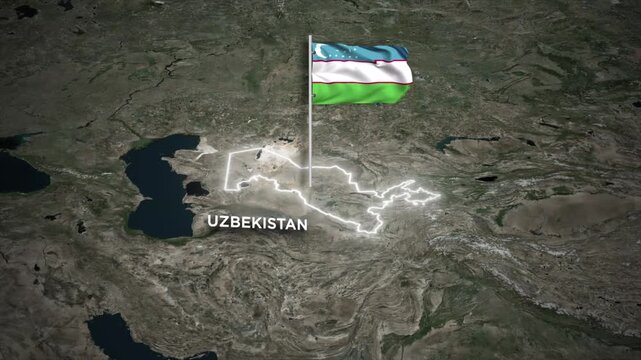 Uzbekistan Map Animation with 3D Waving Uzbekistan National Flag, Glowing Border Animation on World Map