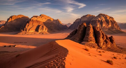 Obraz premium Desert Sand Dunes and Rock Formations at Sunset Landscape