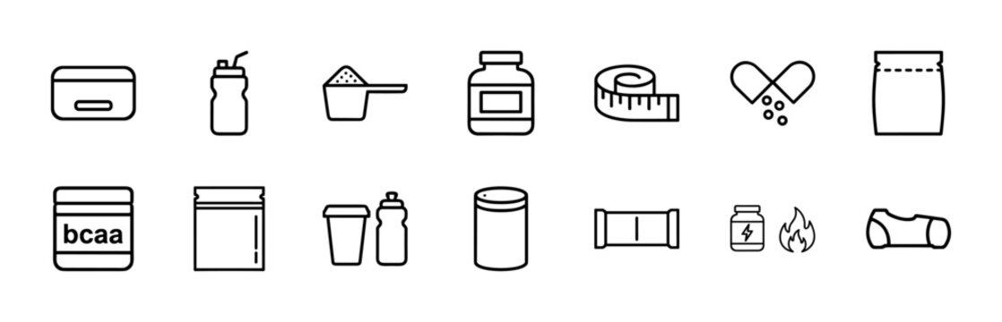 Fitness nutrition and gym supplements minimalist outline icon set