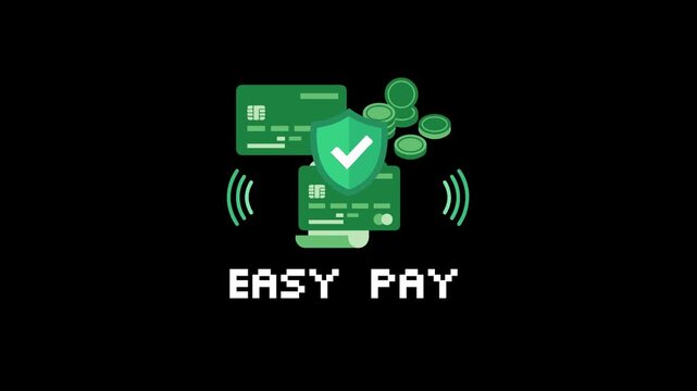 2D animation of digital payment concept with easy pay text and secure online transaction shield
