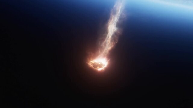 Tracking shot of spacecraft capsule burning and descending during atmospheric reentry over earth horizon and upper atmosphere