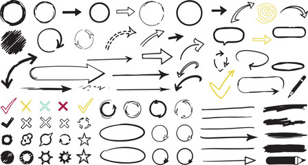 Hand drawn arrow, circle and underline marker pen set. Freehand brush and pencil sketch lines with doodle check marks, cross symbols, stars, oval and round shapes in rough textured vector illustration © vectartnest