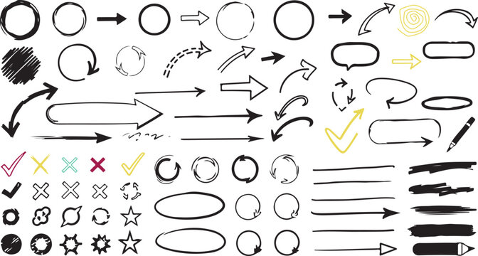 Hand drawn arrow, circle and underline marker pen set. Freehand brush and pencil sketch lines with doodle check marks, cross symbols, stars, oval and round shapes in rough textured vector illustration