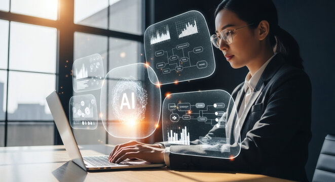 A businesswoman working on a laptop with AI graphics floating above the screen in a modern office setting.