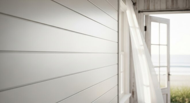 Clean white shiplap wall with distinct horizontal lines and soft light filtering through a window