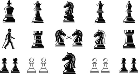 Chess icons set with pieces and strategy elements, king queen rook knight pawn symbols for board game vector design © MDRAKIB
