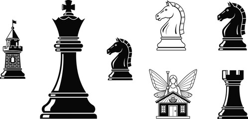Chess piece icons collection with king knight rook variations, fantasy themed board game vector set in black and outline style © MDRAKIB
