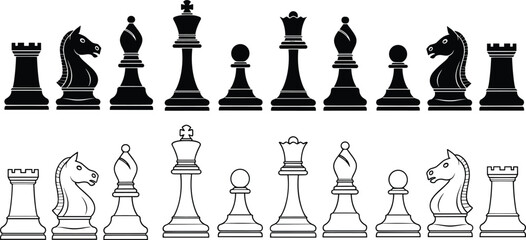 Chess pieces black silhouette and outline vector set, classic board game icons with king queen rook bishop knight pawn © MDRAKIB