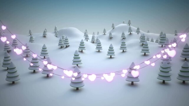 Glowing heart shaped fairy lights decoration against snow falling over winter landscape