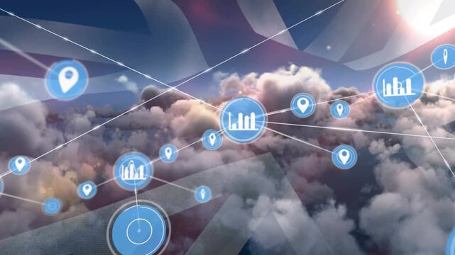 Animation of network of connections with icons over british flag, sky with clouds