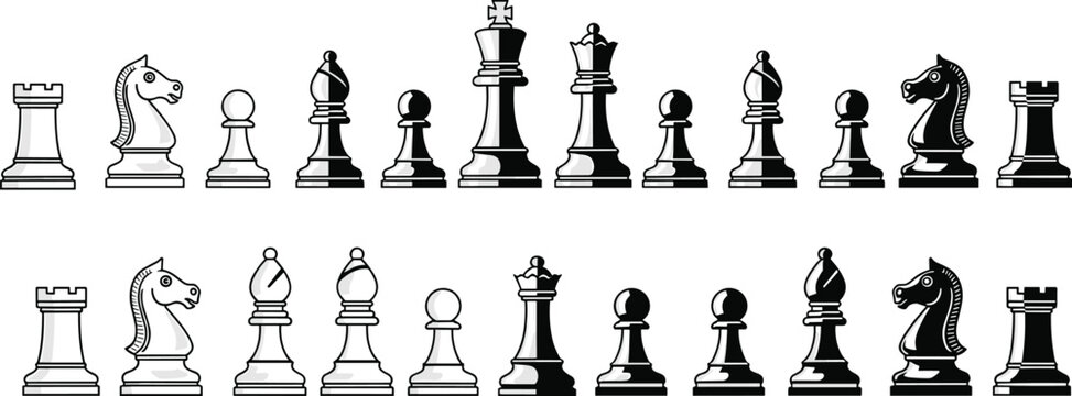 Chess pieces black and white vector set, classic king queen rook bishop knight pawn icons for board game strategy design