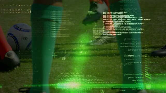 Data processing against low section of team of male soccer players playing football on sports field