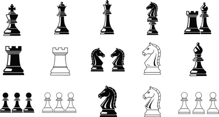 Chess pieces icon set with black and outline styles, king queen rook bishop knight pawn collection for strategy board game design © MDRAKIB