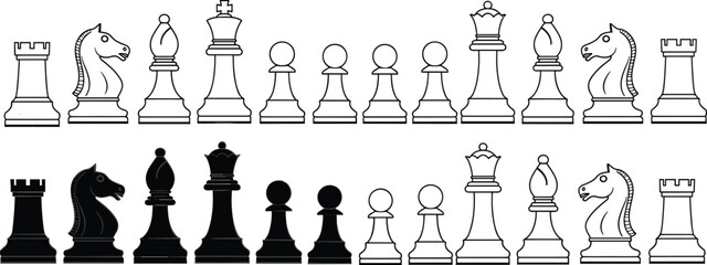 Chess pieces outline and filled vector set, classic board game icons with king queen rook bishop knight pawn collection © MDRAKIB