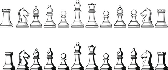 Chess pieces outline and shadow set, classic board game icons with king queen rook bishop knight pawn in vector illustration © MDRAKIB