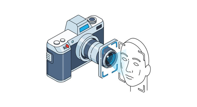 Isometric AI Camera Vector Illustration with Facial Recognition and Biometric Scanning Technology