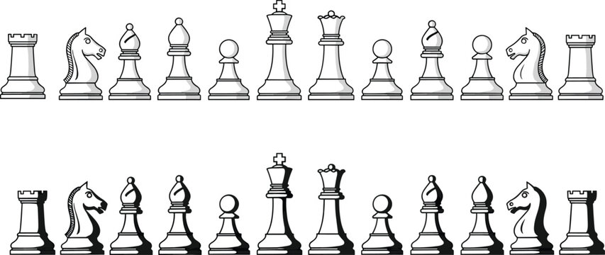 Chess pieces outline and shadow set, classic board game icons with king queen rook bishop knight pawn in vector illustration