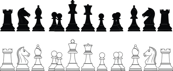 Chess pieces set black silhouette and outline vector, classic board game king queen rook bishop knight pawn collection © MDRAKIB