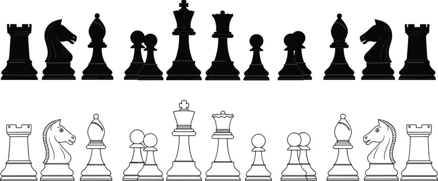 Chess pieces set black silhouette and outline vector, classic board game king queen rook bishop knight pawn collection