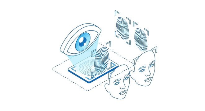 Isometric Biometric Security and Identity Verification Illustration Featuring Facial Recognition, Fingerprint Scanning, and Iris Eye Scanner in Blue Line Art Style