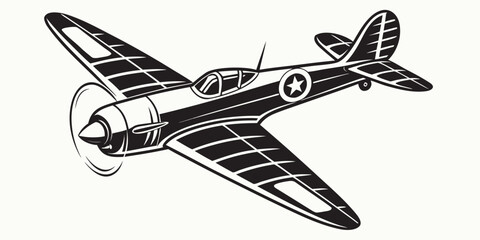 Vintage combat aircraft illustration with star insignia airplane propeller aircraft aviation military historical transportation illustration monochrome adventure transport isolated © Riya