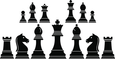 Chess pieces silhouette vector set, black board game icons featuring king queen rook bishop knight pawn isolated collection © MDRAKIB