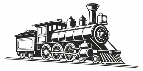 Detailed black and white vintage steam locomotive graphic icon on tracks with train travel engine wheels old fashioned transport vehicle public transit steam power iron horse smoke stack © Riya