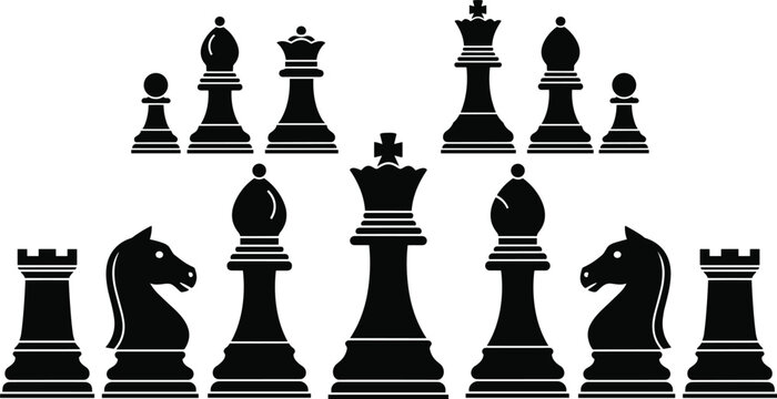 Chess pieces silhouette vector set, black board game icons featuring king queen rook bishop knight pawn isolated collection