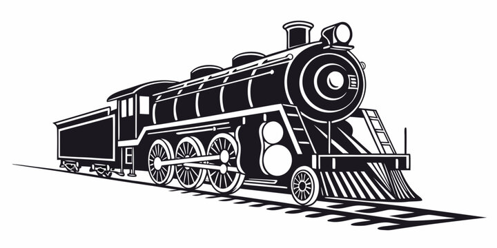 Vintage style steam train engine on tracks isolated monochrome graphic with black and white old fashioned smoke stack railway engine vintage transport traveling by train rail track