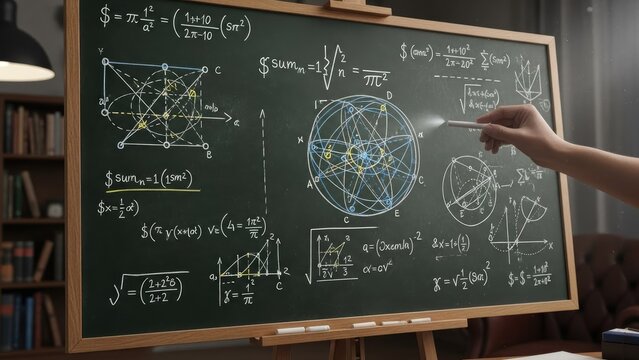 Blackboard with geometric equations and diagrams illustrated with chalk