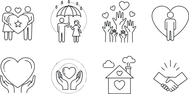 Charity and kindness line icons representing community support volunteering empathy and care in a hand-drawn vector illustration doodle art and icon set