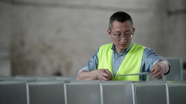 Worker inspecting neatly stacked gray plastic containers in an industrial warehouse setting