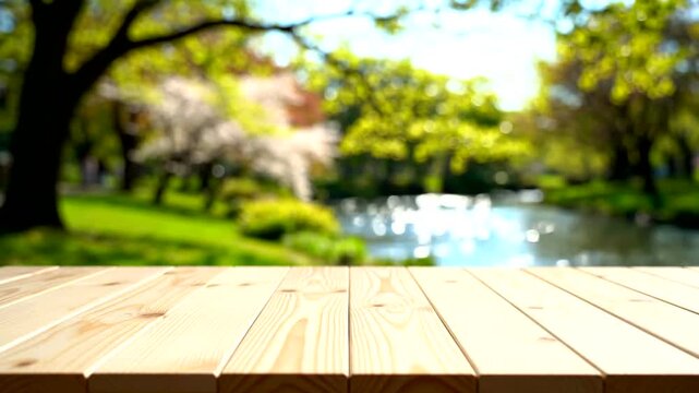 Wooden table in a park setting.