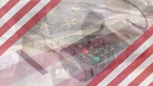 Animation of calculator over flag of usa and banknotes