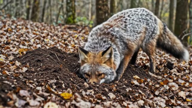 Red Fox Digging in Autumn Leaves.