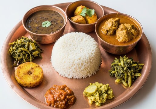 Traditional nepali thakali khana set with rice and various side dishes