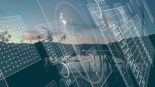 Animation of interface with data processing against landscape with mountains and a lake