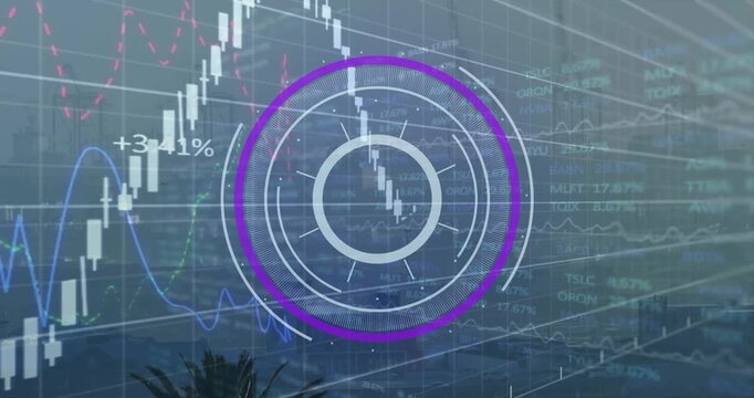Animation of round scanner and financial data processing against aerial view of cityscape