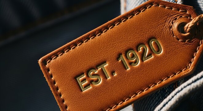 Premium tan leather clothing tag with gold foil debossed logo on raw denim background