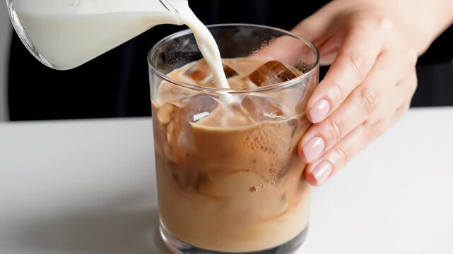 Pouring Milk into Iced Coffee - A Refreshing Summer Beverage.