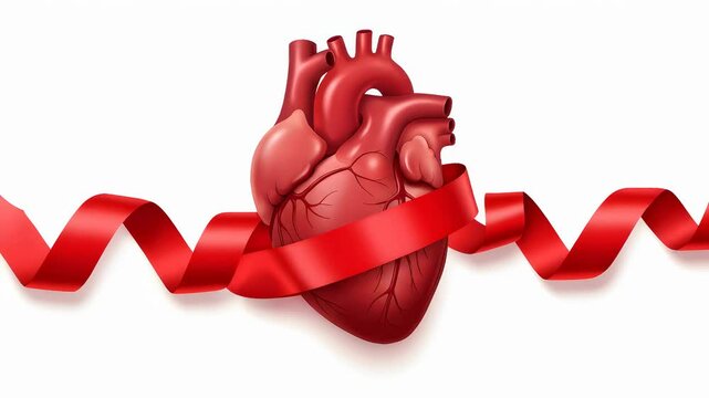 Human heart wrapped in red ribbon. Symbol of cardiology and love for healthy organ. Healthcare concept for clinic awareness and medical support illustration.