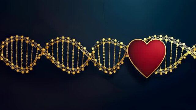 Golden dna helix structure with red heart symbol. Genetic engineering research and biological development. Medical technology concept showing life science animation.