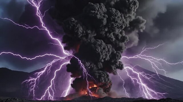 Dramatic lightning storm with erupting volcanic ash and smoke