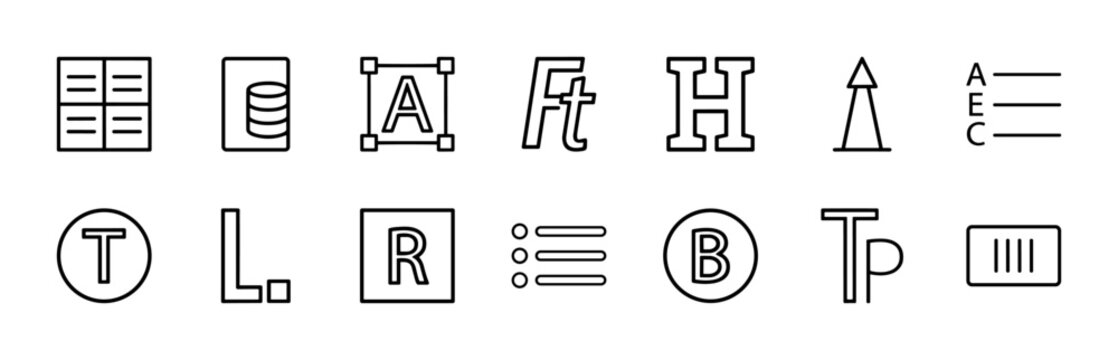 Minimalist text editor and document formatting line icon set for software interface.