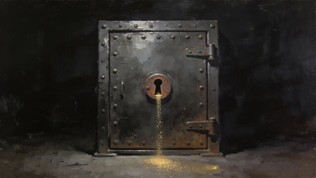 A heavy, tightly sealed steel safe had a single rusty keyhole. Fine gold powder slowly fell out.