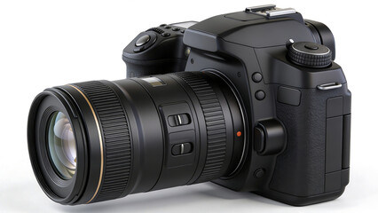 Fototapeta premium A black camera, isolated, on a white background.