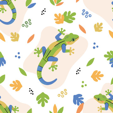 Seamless Pattern with Green Spotted Geckos and Abstract Leaves