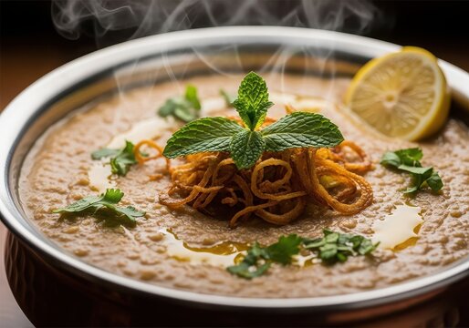 Delicious haleem or harees garnished with fried onions, mint and lemon