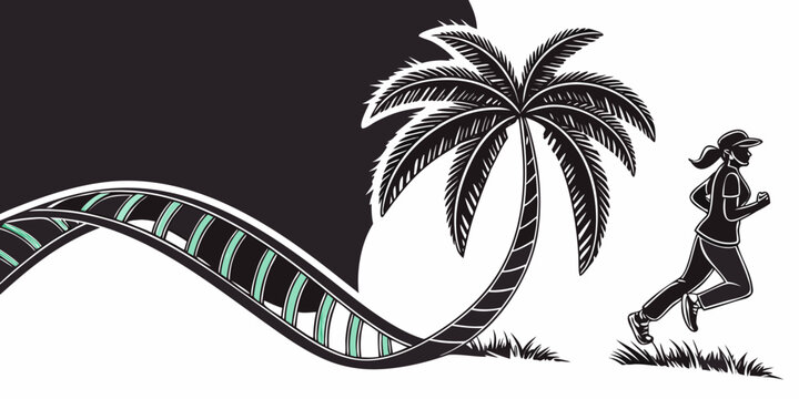 Conceptual graphic design of a runner beside a stylized palm tree and a winding abstract path with tropical illustration lifestyle exercise abstract movement vacation silhouette artistic