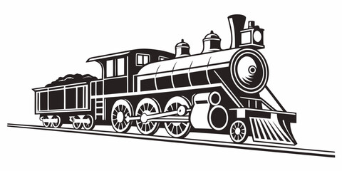 Classic steam locomotive train silhouette icon for transportation and travel concept with black and white old fashioned public transport iron horse train engine smoke stack railway engine © Roton
